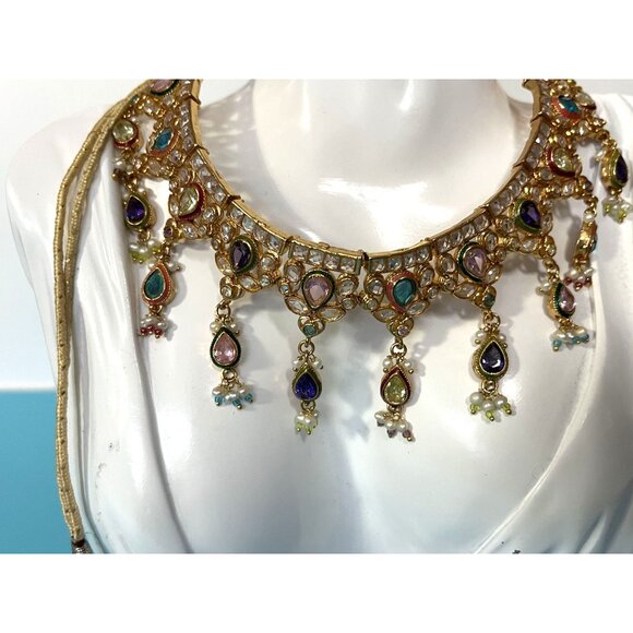 Gold tone Kundan style Indian Necklace With Multicolor faux Gemstones & Pearls T - Picture 9 of 9